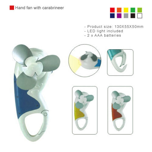 Mini battery handy fan with LED light carabiner