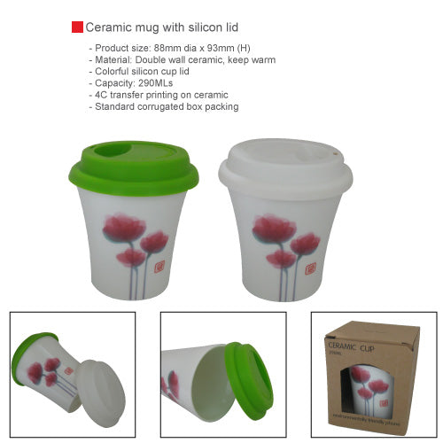 Promotion double wall ceramic mug with silicon lid
