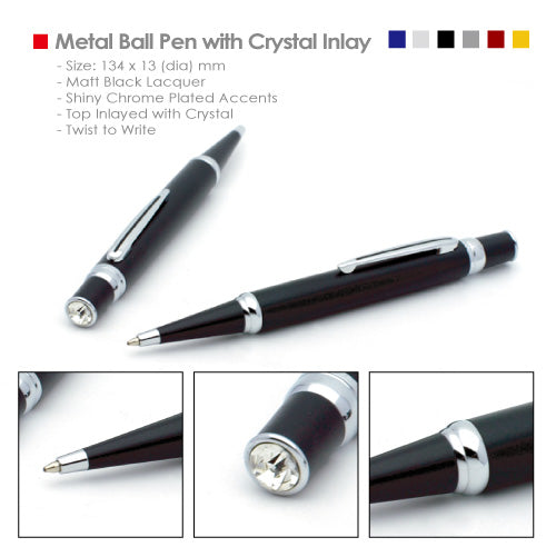 Metal ball pen with crystal inlay
