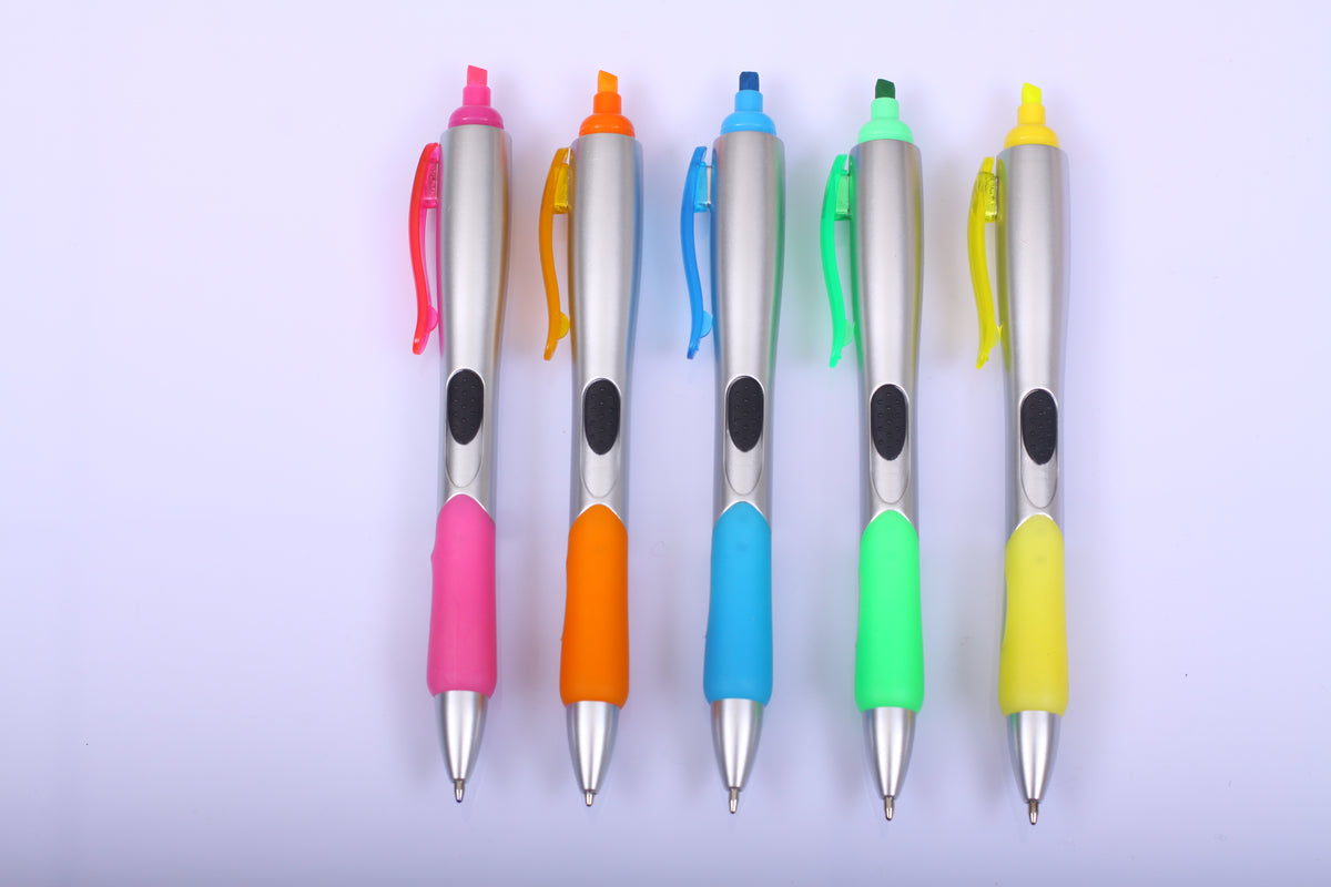 Promotional plastic ball pen with highligter(Silver)