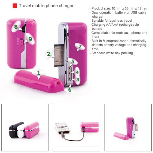 Travel mobile phone battery charger
