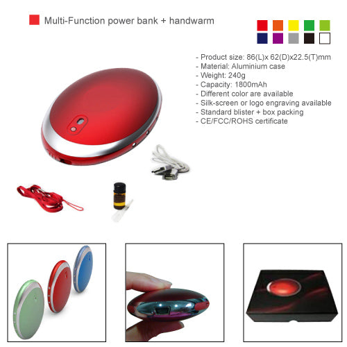 Multi-Function USB power bank + handwarmer- 1800 mAh