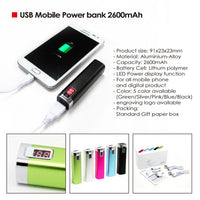 USB mobile battery charger 2600 mAh w/ LED (power bank)