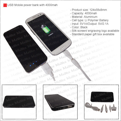 Executive iPhone 5 shape USB mobile battery charger with LED 4000 mAh (power bank)