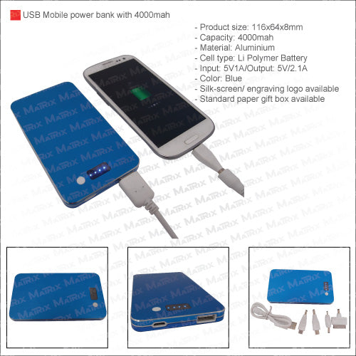 Executive USB mobile battery charger with LED 4000 mAh (power bank)