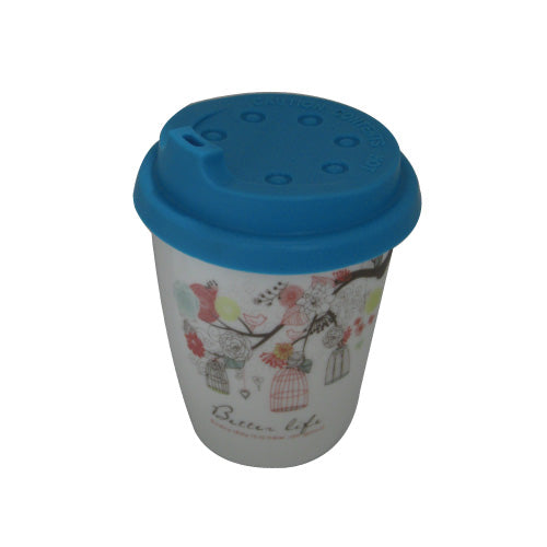 Promotion double wall ceramic mug with silicon lid
