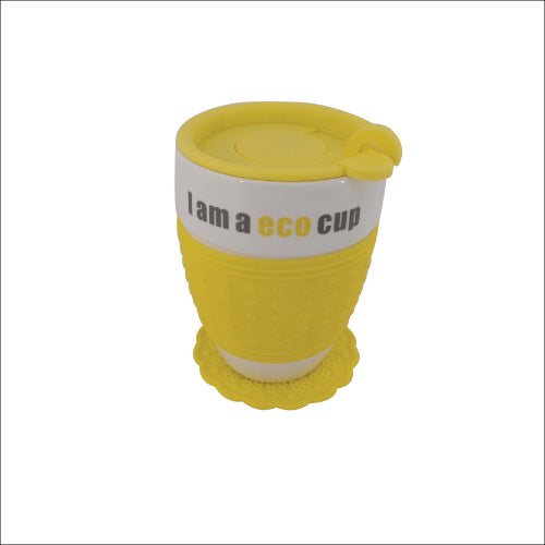 Cask shape double wall ceramic mug with Silicon lid & sleeve & coaster set