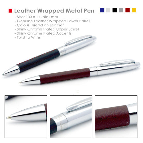 Leather wrapped corporate metal pen