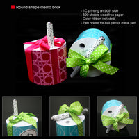 Round shape memo cube with pen and ribbon set