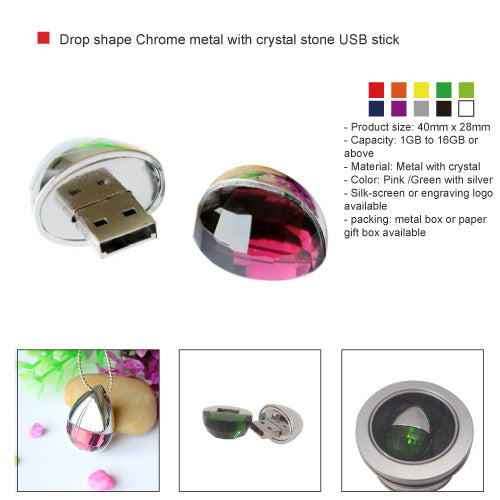 Drop shape Chrome metal with crystal stone USB stick